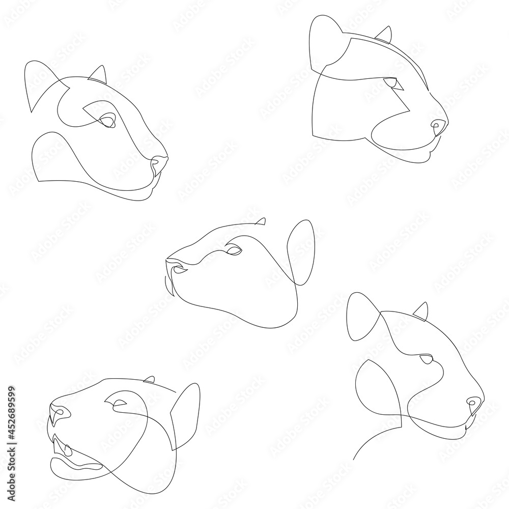 Fototapeta premium Jaguar head continuous one line drawing set. Single line wild cat collection. Vector illustration.
