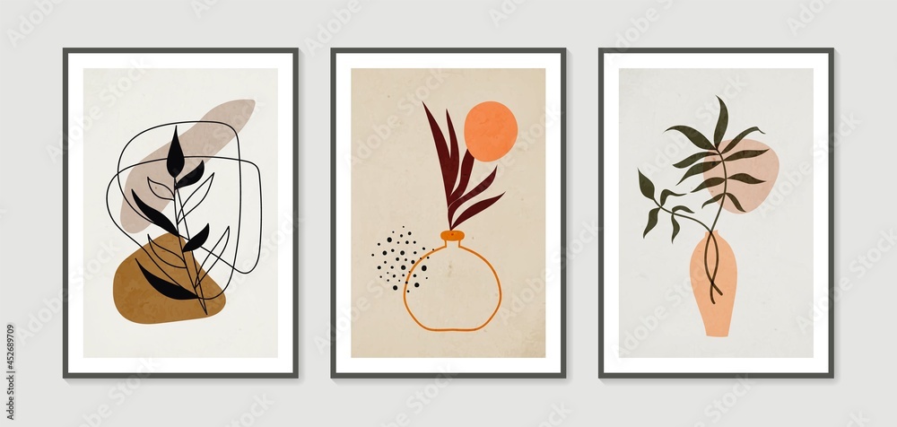 Botanical wall art vector set. Collection of contemporary art posters. Minimal and natural wall art. Abstract Plant Art design for print, wallpaper, cover. Modern vector illustration.