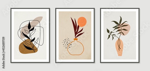 Botanical wall art vector set. Collection of contemporary art posters. Minimal and natural wall art. Abstract Plant Art design for print, wallpaper, cover. Modern vector illustration.