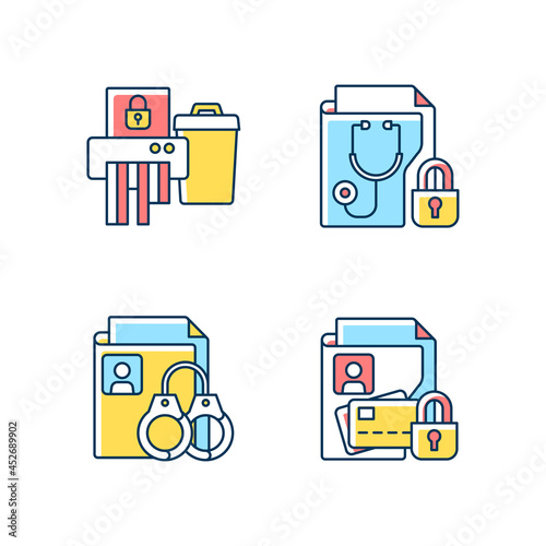 Information sensitivity RGB color icons set. Disposing documents. Medical history security. Criminal records. Financial data. Isolated vector illustrations. Simple filled line drawings collection