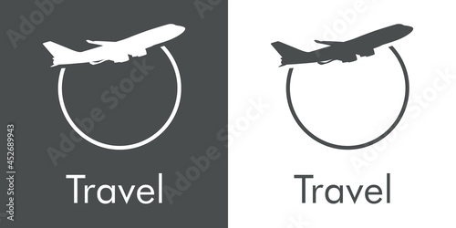 Logotipo con texto Travel y silueta de avión en círculo con lineas en fondo gris y fondo blanco