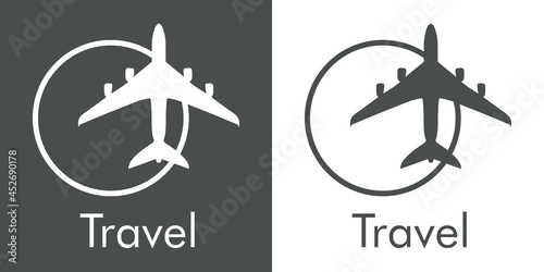 Logotipo con texto Travel y silueta de avión en círculo con lineas en fondo gris y fondo blanco
