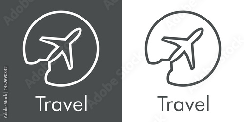 Logotipo con texto Travel y silueta de avión con trayectoria en círculo con lineas en fondo gris y fondo blanco