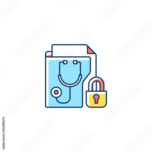 Protected health information RGB color icon. Medical history, health insurance security. Preserving patient privacy. Protect sensitive details. Isolated vector illustration. Simple filled line drawing