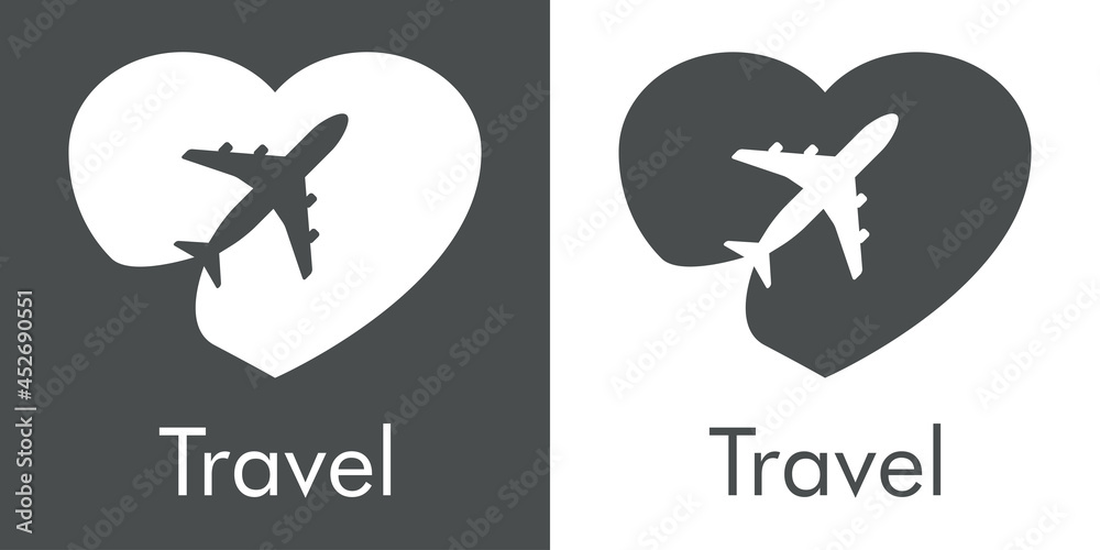 Viaje de luna de miel. Logotipo con texto Travel y silueta de avión con trayectoria en corazón en fondo gris y fondo blanco