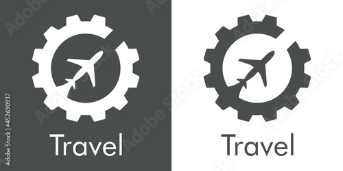 Logotipo con silueta de avión en engranaje en fondo gris y fondo blanco