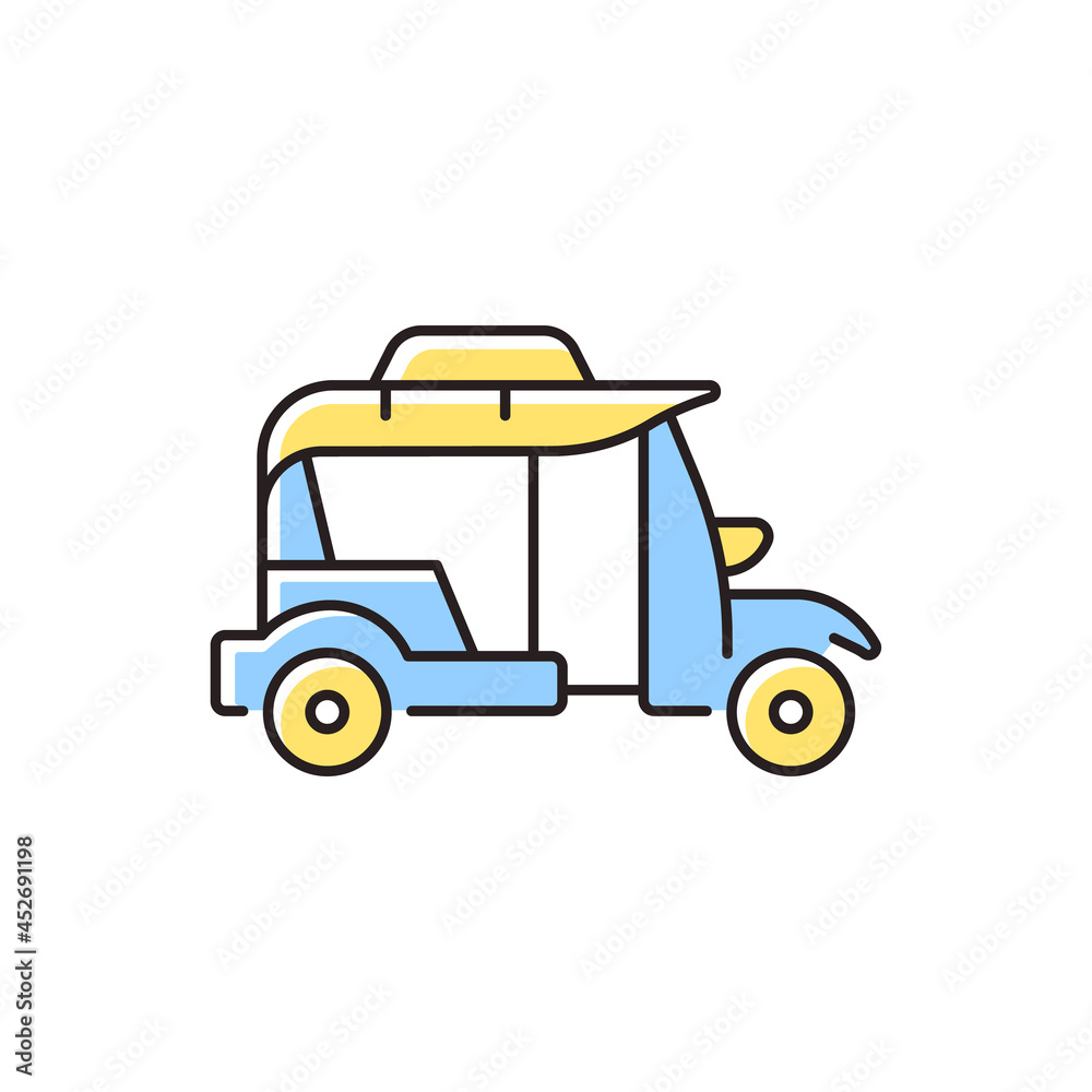 Bangkok tuk-tuk RGB color icon. Three-wheeled vehicle. Motorized rickshaw. Urban transport in Thailand cities. Yellow-and-blue motorcycle. Isolated vector illustration. Simple filled line drawing Bangkok tuk-tuk RGB color icon. Three-wheeled vehicle. Motorized rickshaw. Urban transport in Thailand cities. Yellow-and-blue motorcycle. Isolated vector illustration. Simple filled line drawing