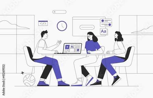 Coworking space with business people sitting at the table. They analyze charts and reports. Vector outline illustration for co-working, teamwork, workspace concept. Team working on project.