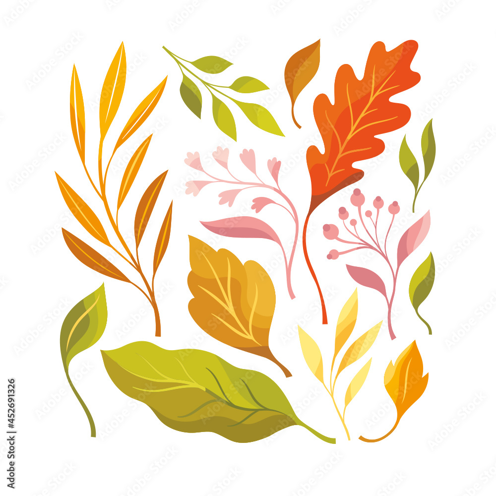 Atumnal leaves, vector illustration. Image with yellow, orange, red autumnal leaves. Vector set of autumn leaves