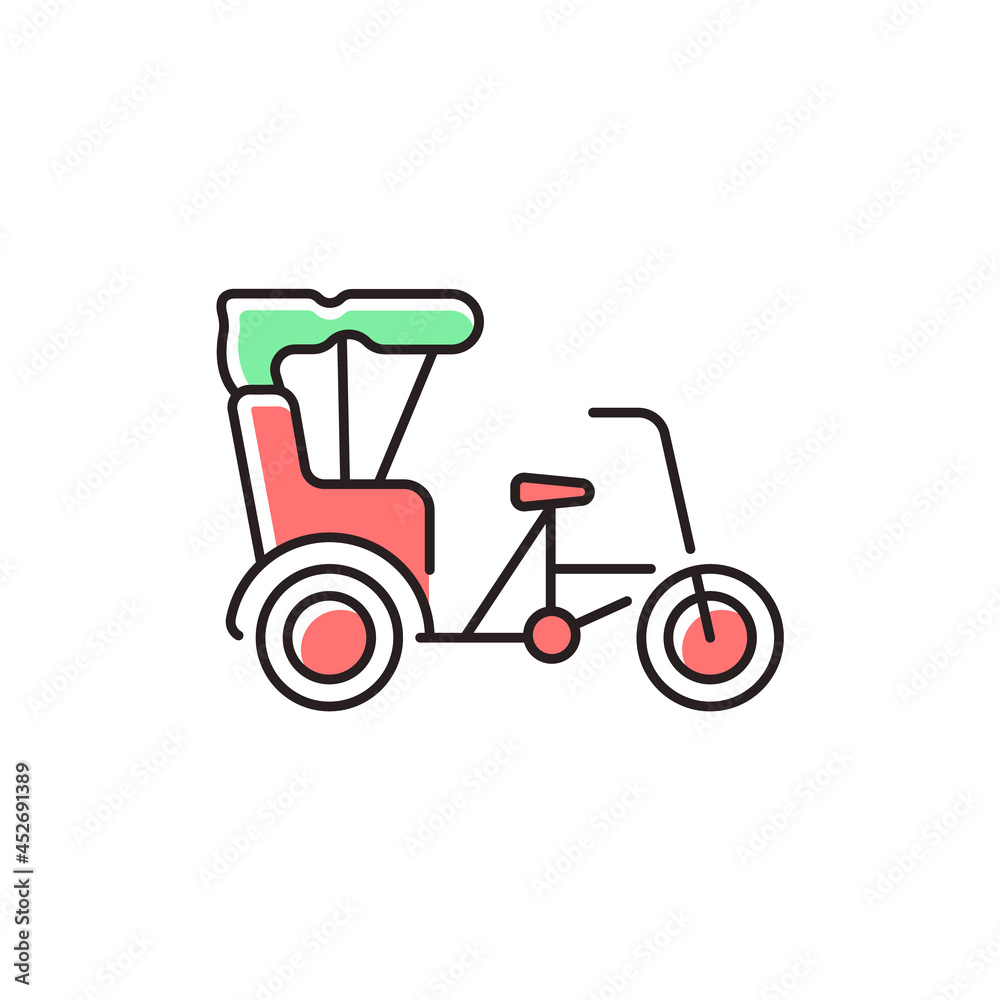 Sanlunche RGB color icon. Chinese rickshaw. Short distance traveling for passengers. Transportation service. Human-powered three-wheeler. Isolated vector illustration. Simple filled line drawing