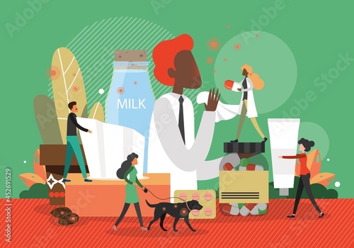 Sick patient with sneeze and cough, allergy symptoms visiting doctor, flat vector illustration. Medication treatment.