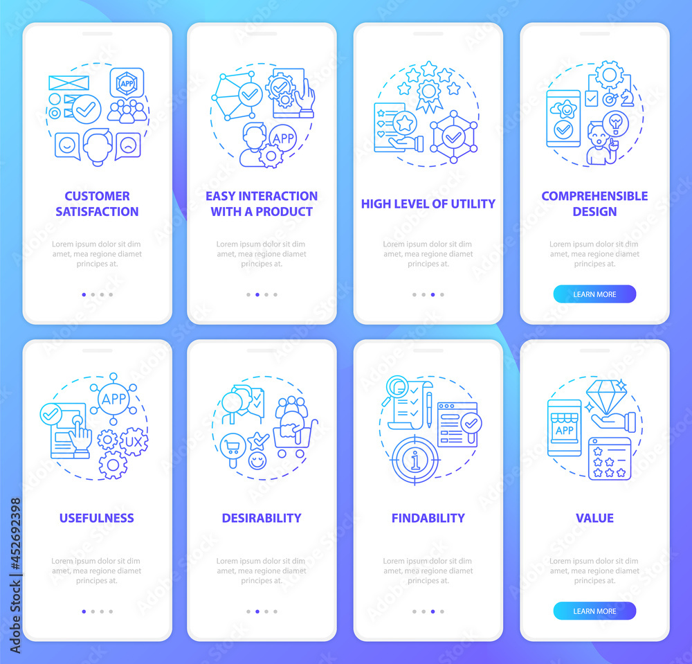 Developing product onboarding mobile app page screens set. Fundamental ...