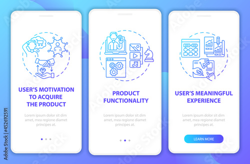Enhancing UX onboarding mobile app page screen. Product functional features walkthrough 3 steps graphic instructions with concepts. UI, UX, GUI vector template with linear color illustrations
