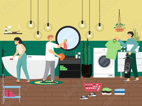 Home cleaning scene, flat vector illustration. People cleaning bathroom, washing clothes. Housekeeping, laundry services
