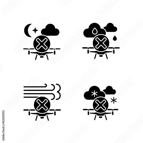 Safe drone operation black glyph manual label icons set on white space. Weather conditions. Flight planning. Silhouette symbols. Vector isolated illustration for product use instructions