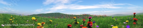 Green meadows under a blue sky, hills of grass and flowers, a panorama of a meadow, 3D rendering