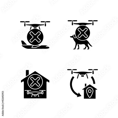 Drone instruction black glyph manual label icons set on white space. Avoid aircrafts, pets. Return to home. Silhouette symbols. Vector isolated illustration for product use instructions