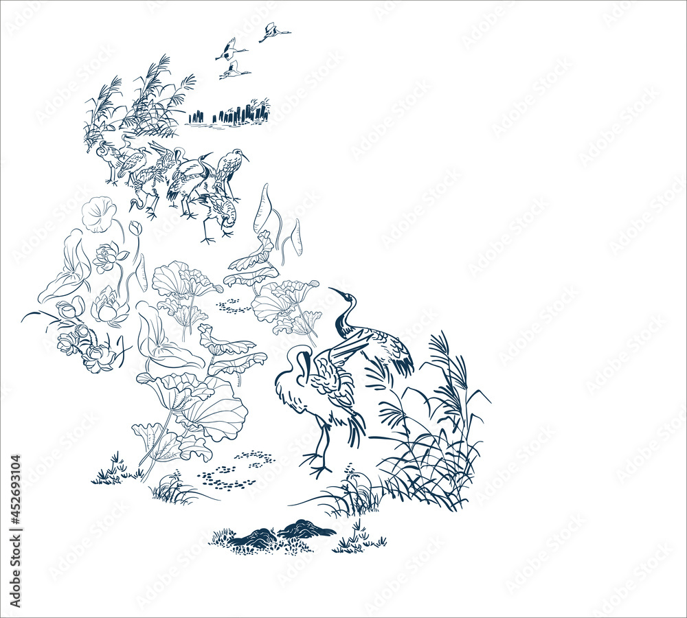 Naklejka premium dance crane bird sketch vector japanese design