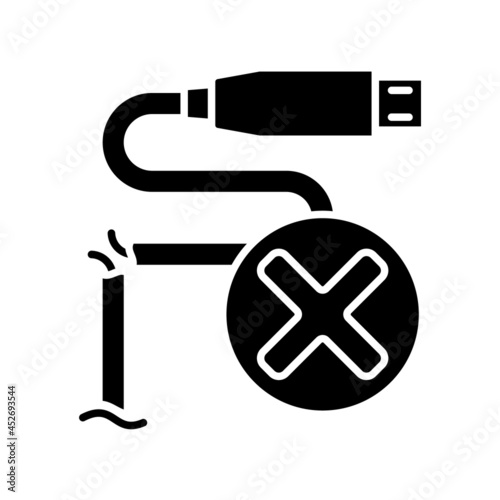 Dont use cracked cable black glyph manual label icon. Damaged charging cord hazard. Electric shock danger. Silhouette symbol on white space. Vector isolated illustration for product use instructions