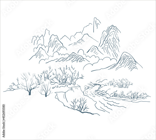 mountains nature landscape view vector sketch illustration japanese chinese oriental line art