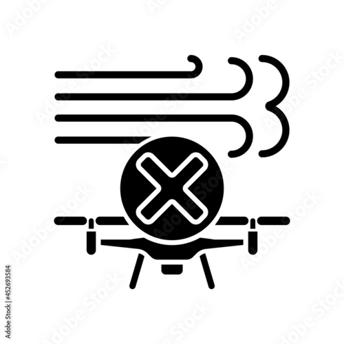 Dont fly in strong winds black glyph manual label icon. Flying drone in windy conditions. Weather forecast. Silhouette symbol on white space. Vector isolated illustration for product use instructions