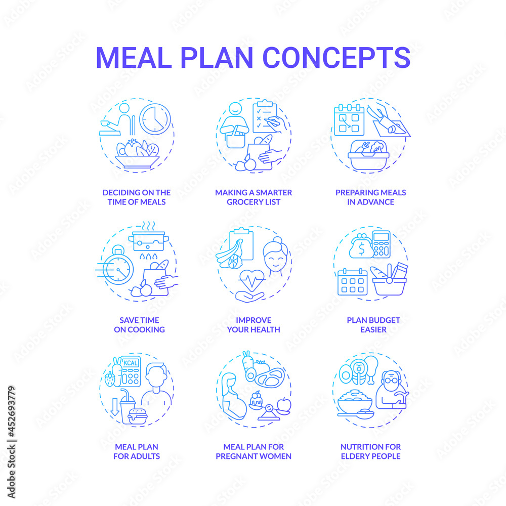 Meal plan related blue gradient concept icons set. Preparing food idea thin line color illustrations. Shopping and cooking. Prep products ahead. Eating habits. Vector isolated outline drawings