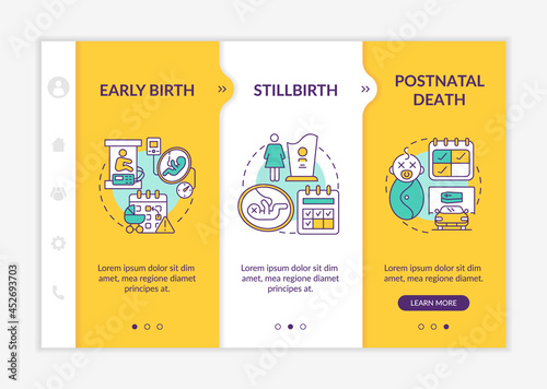 Maternity leave entitlement cases onboarding vector template. Responsive mobile website with icons. Web page walkthrough 3 step screens. Baby death color concept with linear illustrations
