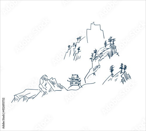 mountains nature landscape view vector sketch illustration japanese chinese oriental line art