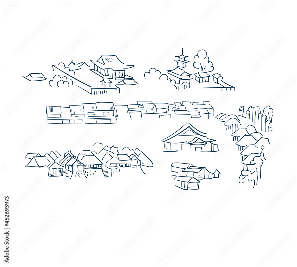 Naklejka premium village buildings nature landscape view vector sketch illustration japanese chinese oriental line art