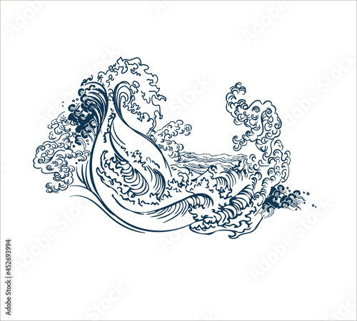 sea design elements japanese vector engraved