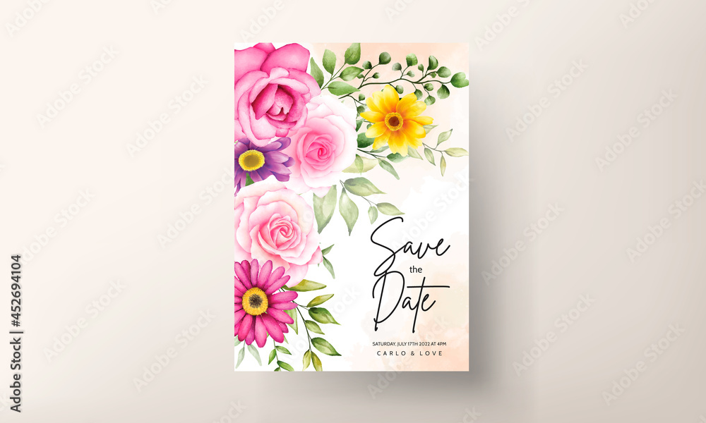 Beautiful hand drawing watercolor flower wedding invitation card