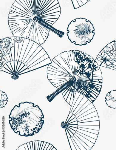 fan flower japanese chinese design sketch ink paint style card seamless pattern