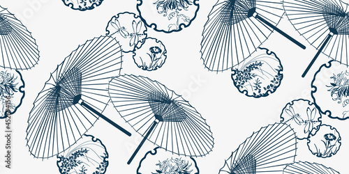 umbrella flower japanese chinese design sketch ink paint style card seamless pattern