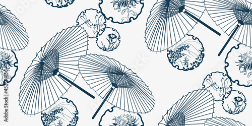 umbrella flower japanese chinese design sketch ink paint style card seamless pattern