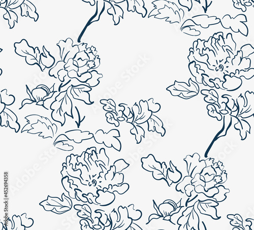 flower japanese chinese design sketch ink paint style card seamless pattern