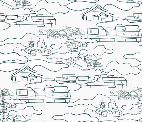 village landscape asian chinese japanese engraved vector seamless pattern