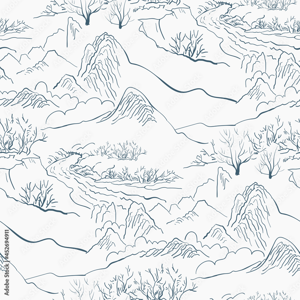 Obraz premium mountain landscape asian chinese japanese engraved vector seamless pattern