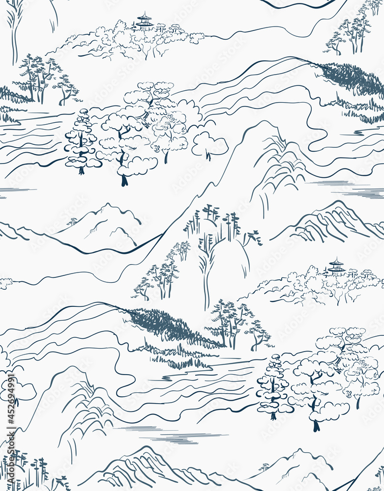 mountain landscape asian chinese japanese engraved vector seamless pattern - obrazy, fototapety, plakaty 