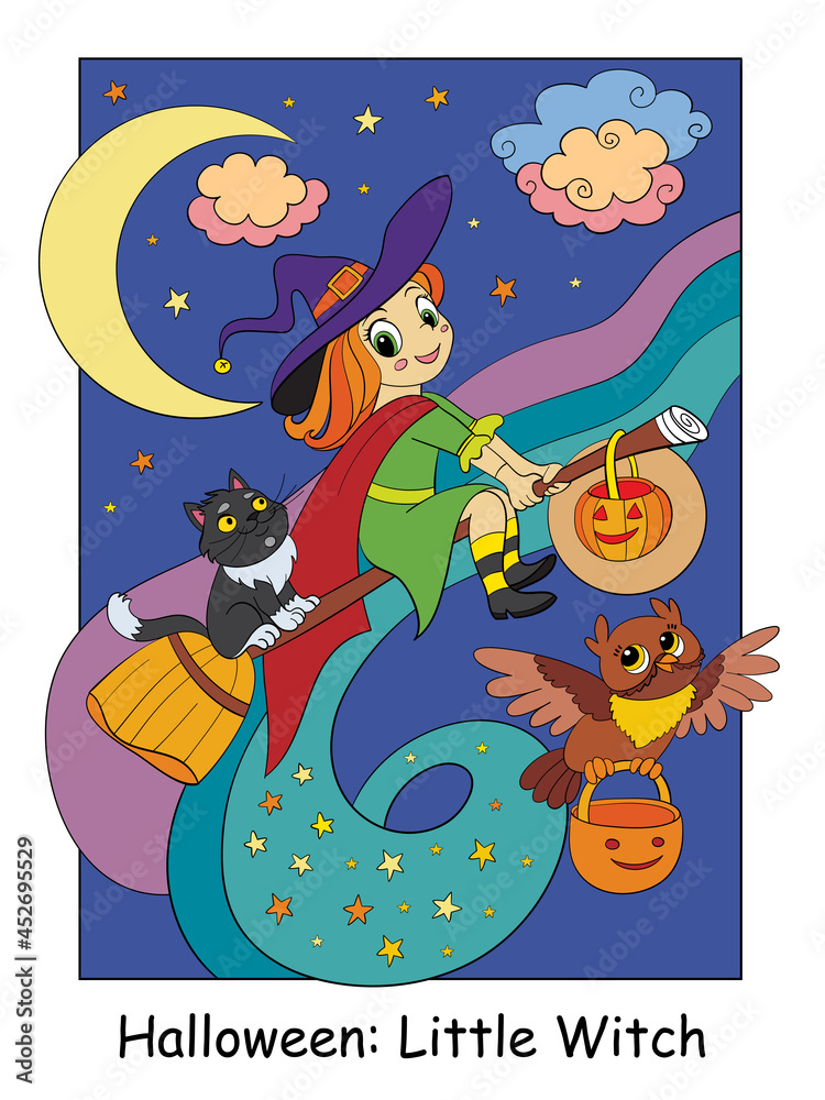 Naklejka premium Halloween illustration cute witch flying on a broomstick