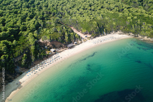 Areal view of wild sandy Mandraki beach at Skiathos island Greece