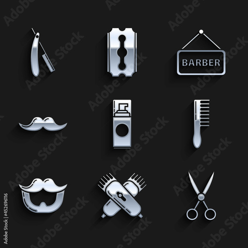 Set Shaving gel foam, Crossed electrical hair clipper or shaver, Scissors hairdresser, Hairbrush, Mustache and beard, Barbershop and Straight razor icon. Vector