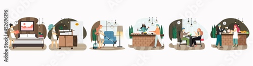 Hotel set, flat vector isolated illustration. Hotel room cleaning and food service. Hospitality industry.