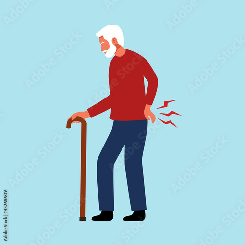 Senior man having low back pain in flat design. Backache symptom. Muscle or bone problem.