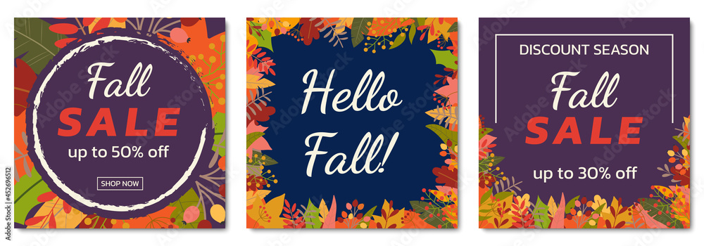 Fall sale square background set with leaves. Autumn discount, Hello Fall social media banner templates with foliage frame. Promotion poster, discount card or flyer design. Vector illustration. 