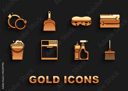 Set Washer, Towel stack, Handle broom, Plastic bottles for liquid dishwashing liquid, Bucket with foam bubbles, Sponge, Washing dishes and Dustpan icon. Vector