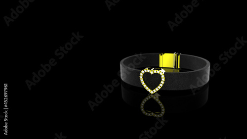 Heart Diamonds Leather Bracelet. Isolated on Black background. 3D Rendereing