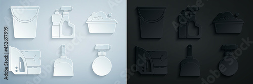 Set Dustpan, Plastic basin with soap suds, Electric iron and towel, , bottles for liquid dishwashing liquid and Bucket icon. Vector