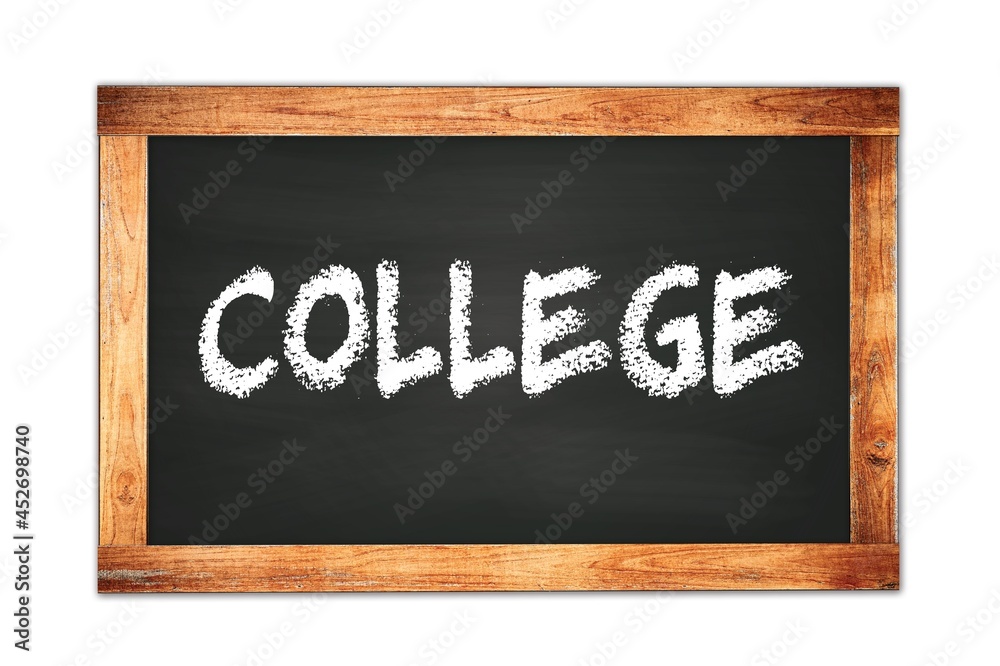 COLLEGE text written on wooden frame school blackboard. COLLEGE text written on wooden frame school blackboard.