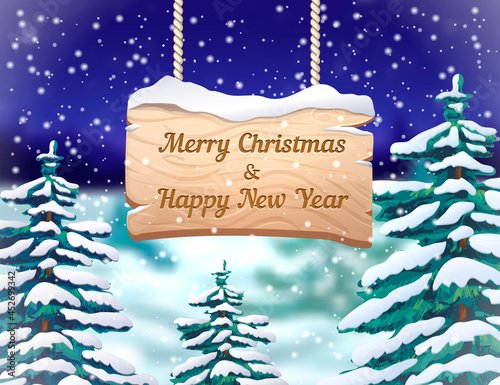 Christmas greetings on hanging wooden signboard with snowfall, snowy fir trees on blurred winter background. cute night forest landscape with wood sign. great for festive design of ad, poster, banner