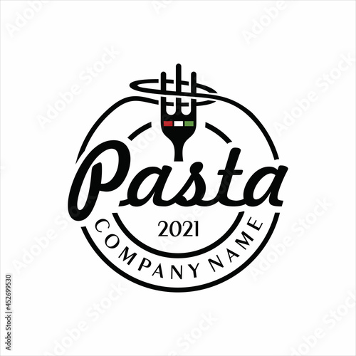 pasta logo design template vector.  Round linear logo of spaghetti with fork on white background